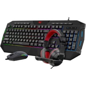 Combo Gaming 4 en 1 Teclado RGB Mouse, Audífono y Mousepad  GAMENOTE HAVIT KB501CM retro iluminado multimedia color Negro.
